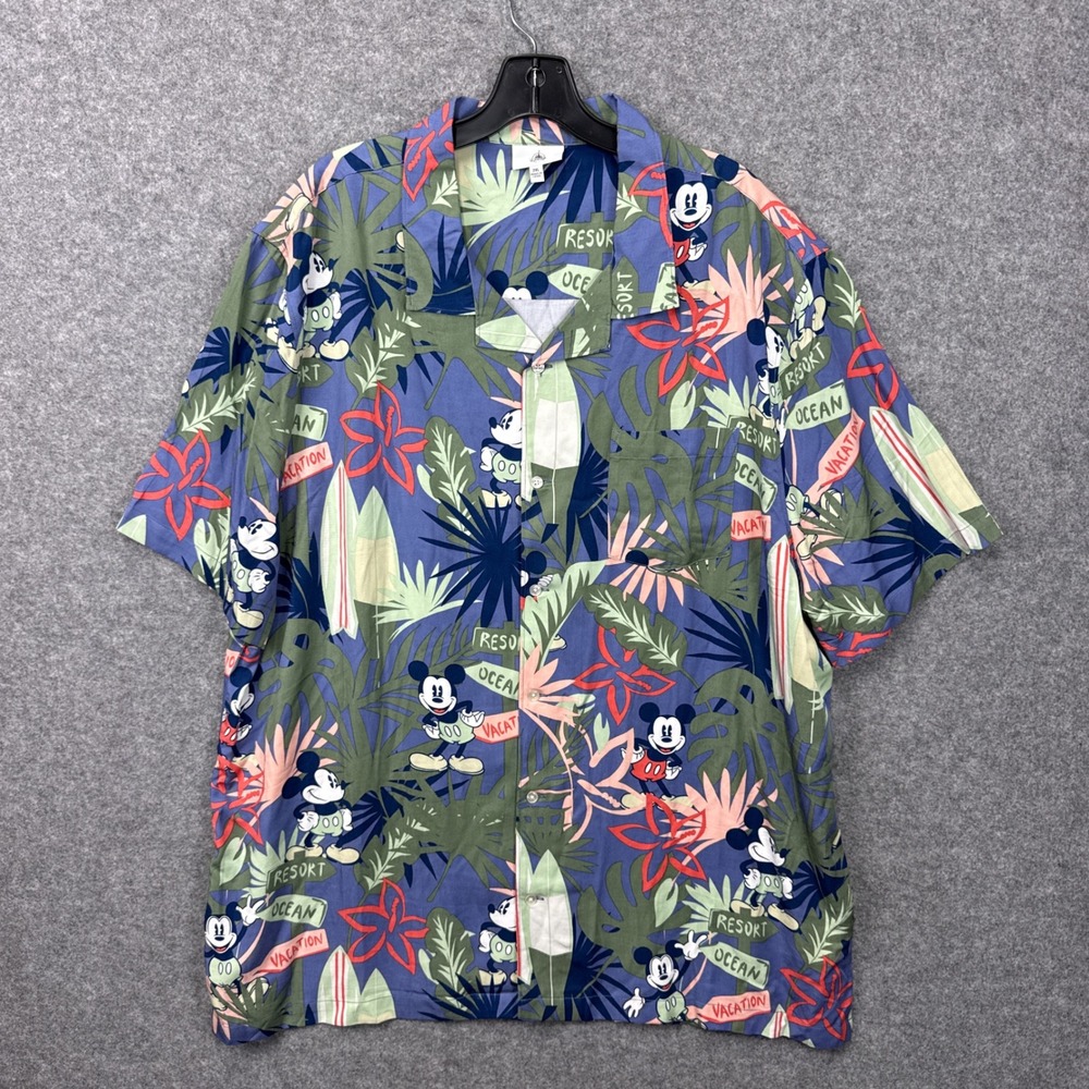 Disney Mickey Mouse Hawaiian Shirt 2XL Blue Tropical Resort Viscose Blend